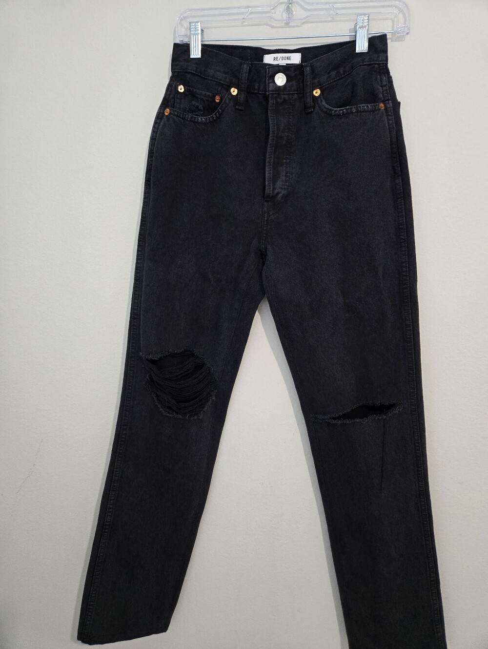 RE/DONE Originals High Rise Distressed Straight Leg Jeans Washed Black Size 25